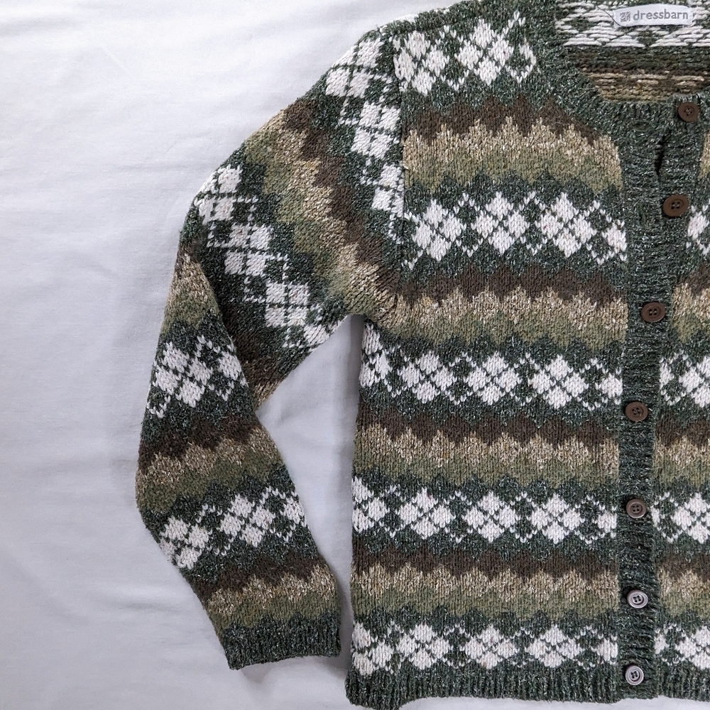 VTG Green Brown Wool Chunky Knit Argyle Button Up Cardigan Sweater Academia - Picture 3 of 7
